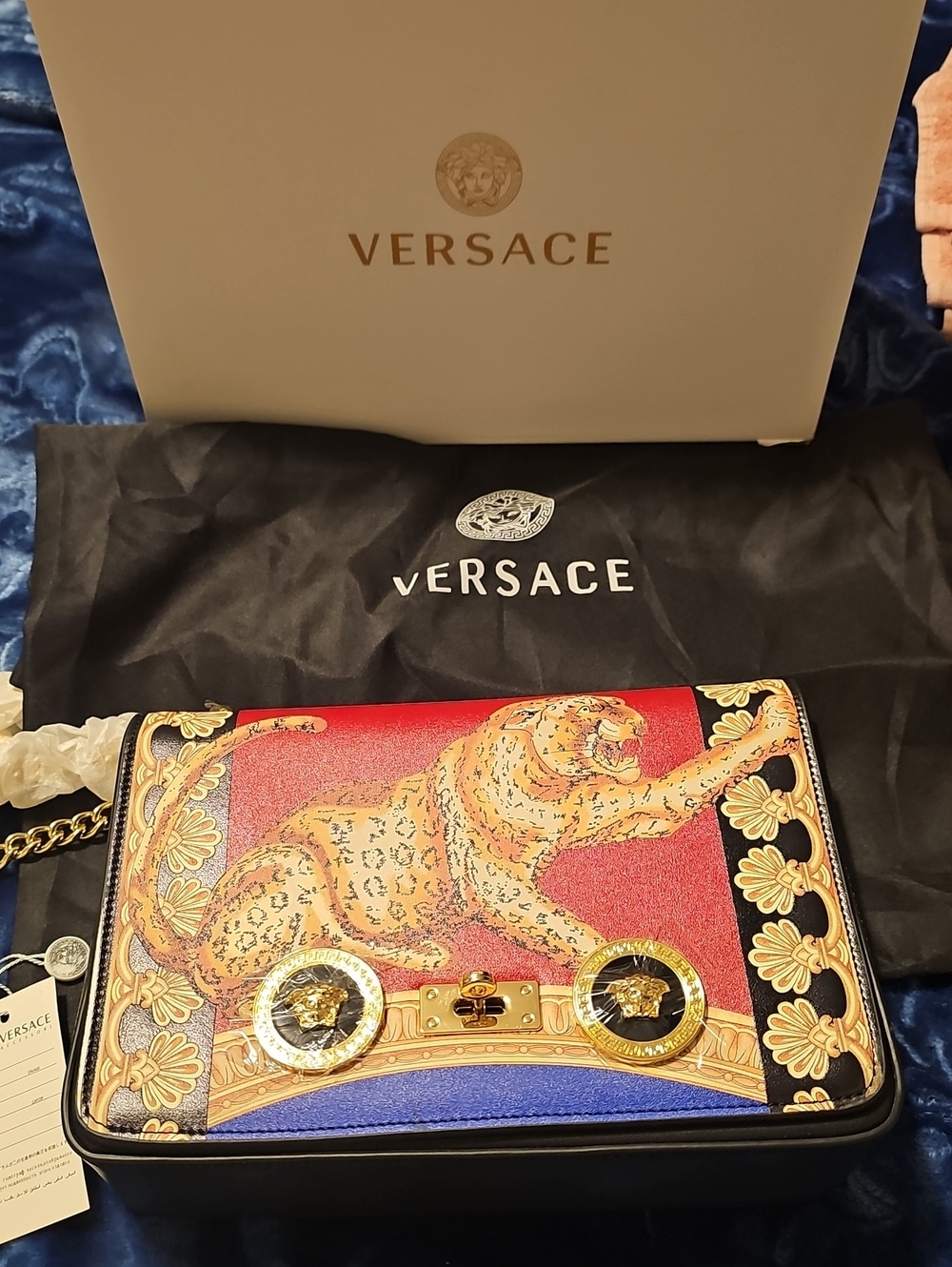 Versace Red Leopard Medusa Chain Shoulder Bag with Gold Accents
